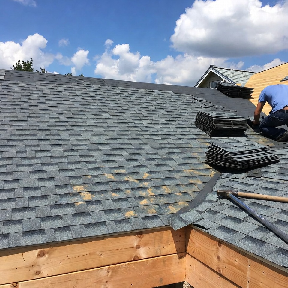 Roofer installing new architectural shingles over fresh roof decking