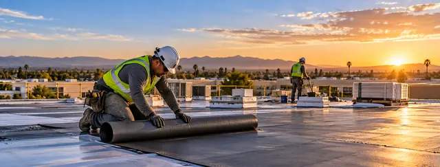 Roofing crew rolling out membrane on a flat roof