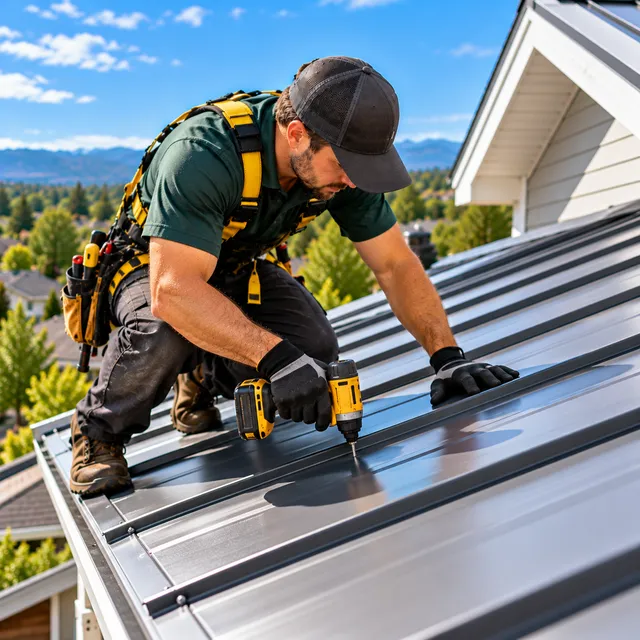 Roofer fastening new metal roof panels