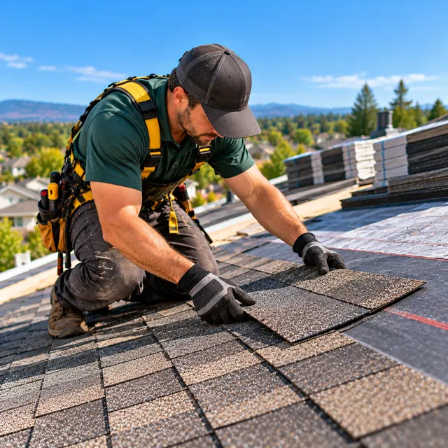 Roofer laying new architectural shingles over underlayment