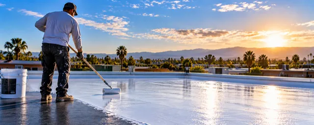 Roofer rolling white coating onto a flat roof