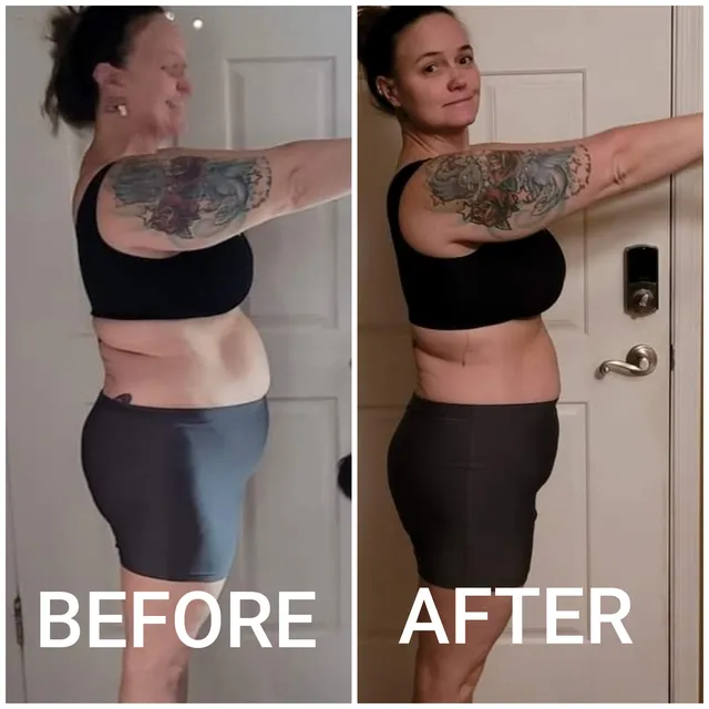 Original before-and-after comparison of a woman in dark workout clothing, supplied by The Royal Formula