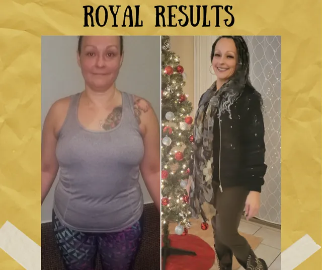Original Royal Results comparison featuring a grey top and a dressed photograph beside a tree, from the brand archive