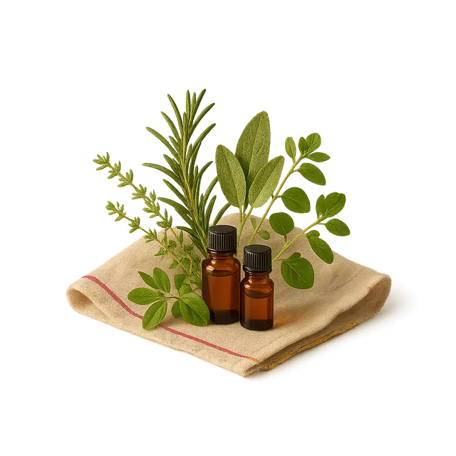 Warm botanical ingredients, herbs and oils