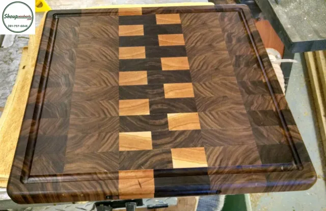 Walnut and maple end-grain cutting board with juice groove, handmade in Houston by Shoup Woodworks