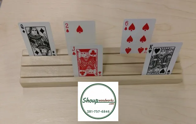 Wooden playing card holder tray holding cards, made in Houston by Shoup Woodworks
