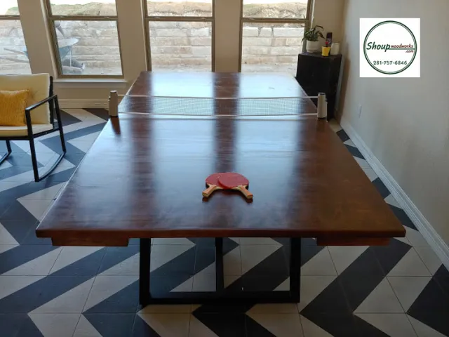 Custom wood-top ping pong game table in a Houston home, by Shoup Woodworks