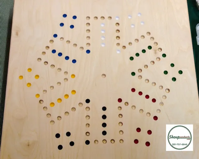 Top view of a six-player wooden Wahoo board, handcrafted in Houston by Shoup Woodworks