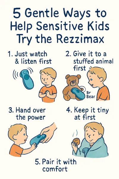 A sensitive child being gently introduced to the Rezzimax vibration therapy device — tips for sensory-sensitive children from Hopeful Neuron