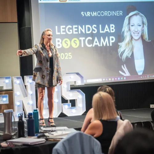 Sarah Cordiner on stage at the Legends Lab Bootcamp