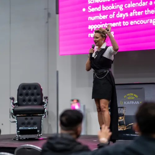 Sarah Cordiner presenting on an expo stage