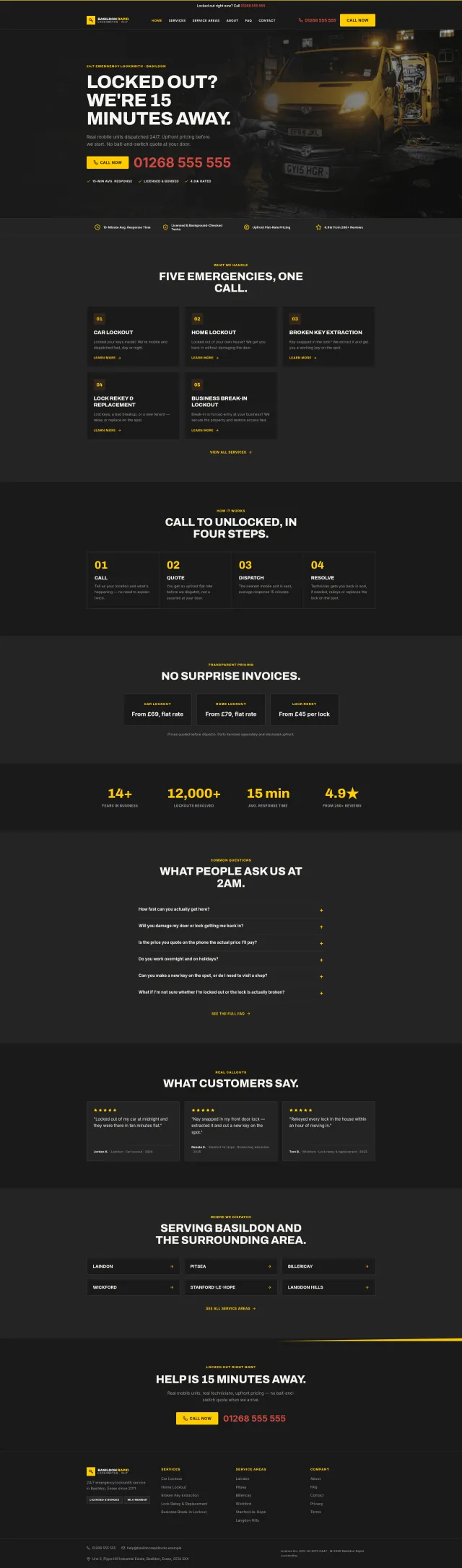 Basildon Rapid Locksmiths mobile website layout with instant call action.