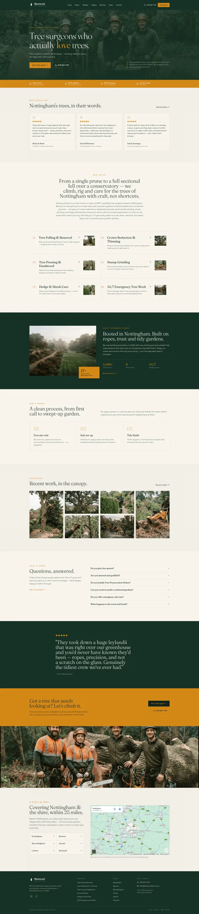 Sherwood Arbor mobile website layout showing quote request and phone contact.