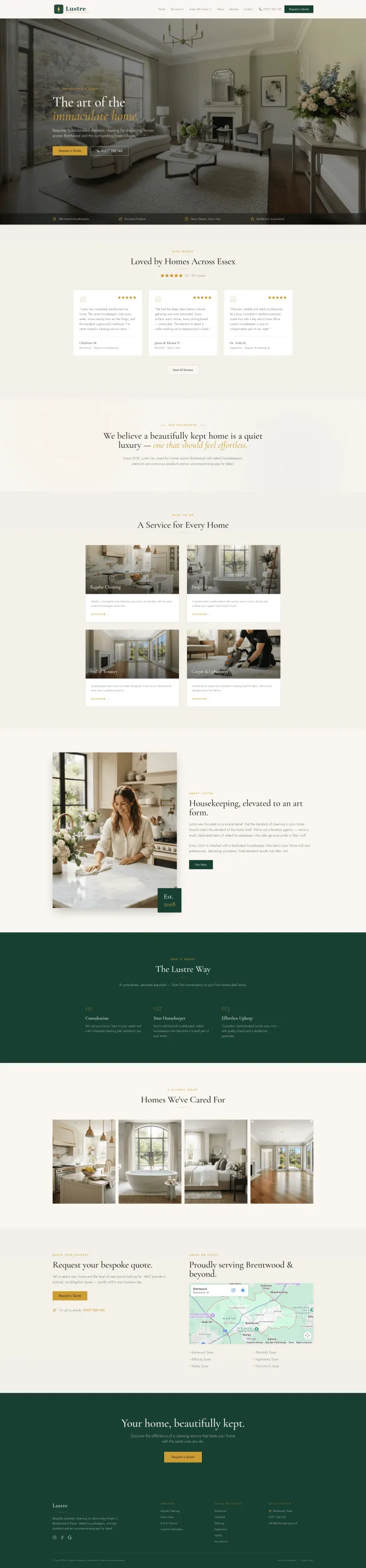 Lustre mobile layout showing quote request and service areas.