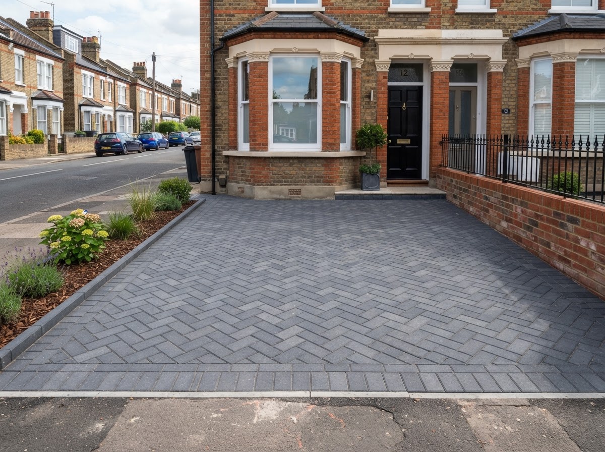Herringbone block paved driveway
