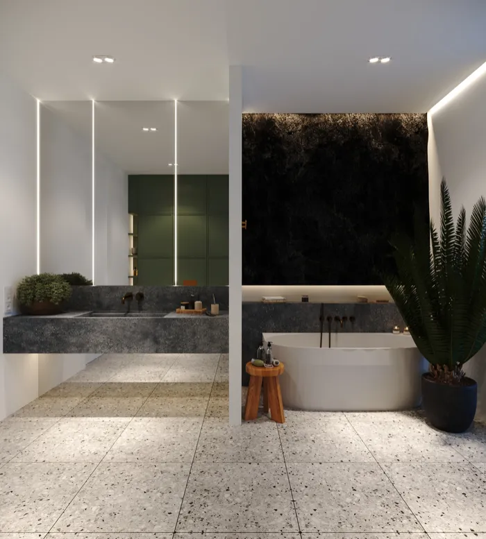 Bathroom with terrazzo floor and freestanding bath