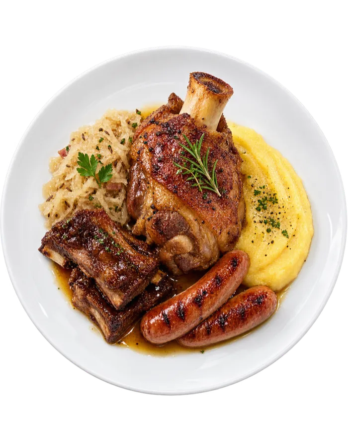 Piatto bavarese con stinco, crauti, wurstel, costine e polenta