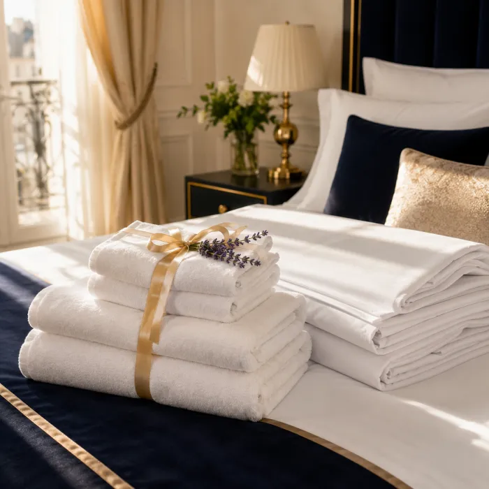 Linge de lit et serviettes professionnels préparés avant l'arrivée des voyageurs