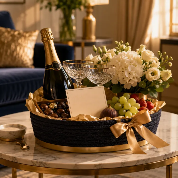 Panier de bienvenue avec champagne et fleurs préparé pour l'arrivée des voyageurs