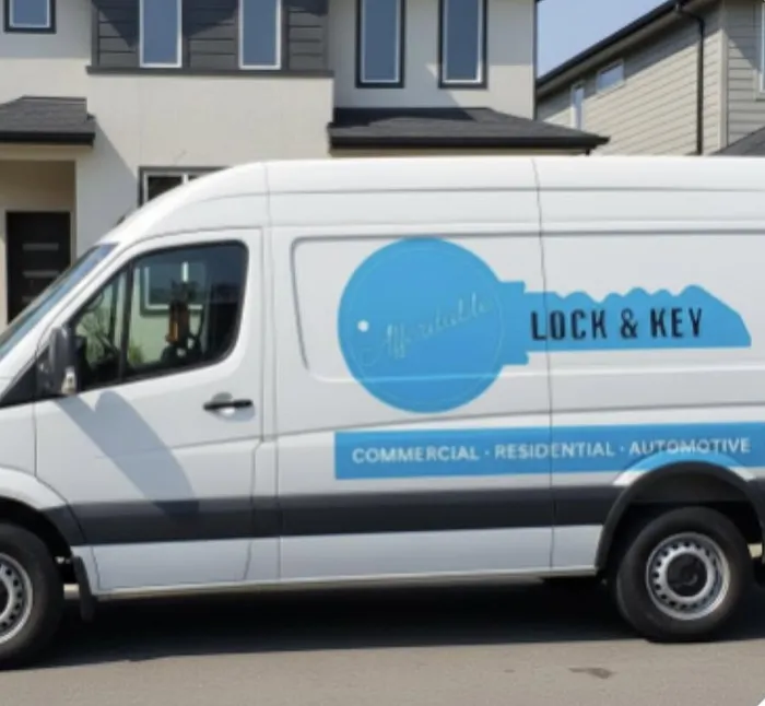 Affordable Lock & Key mobile locksmith van parked outside a home