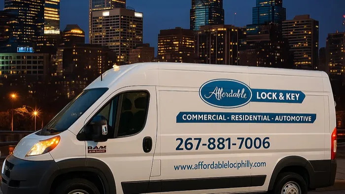 Affordable Lock & Key mobile locksmith van parked at night with the city skyline behind it