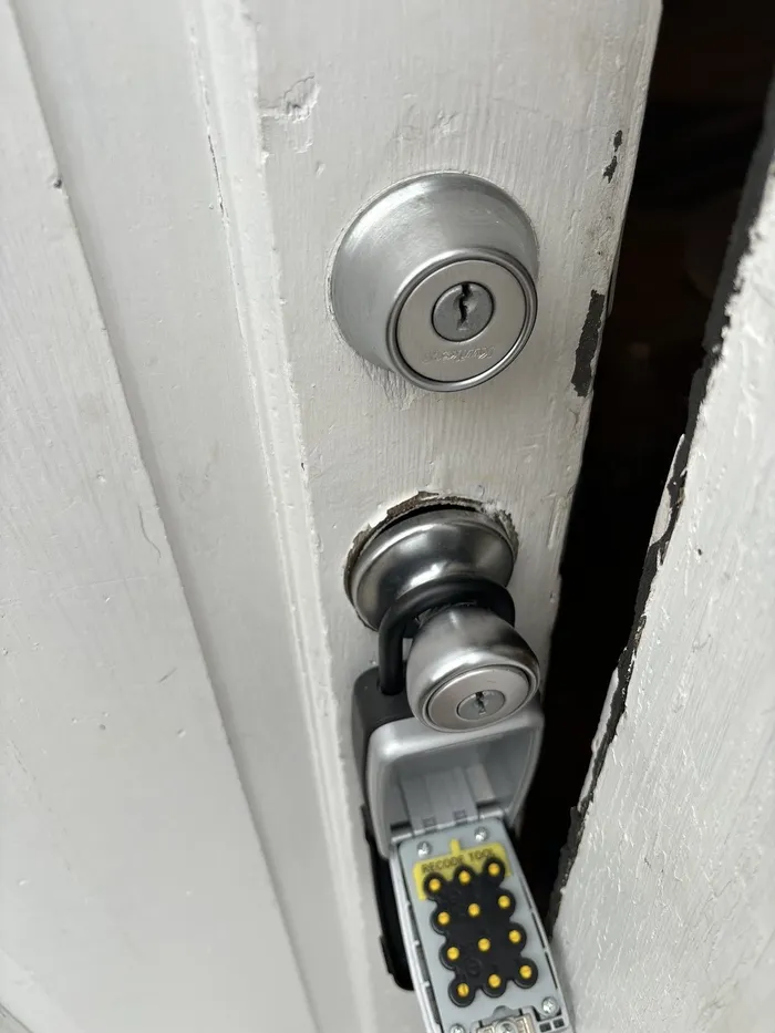 Deadbolt and lockbox on a residential door
