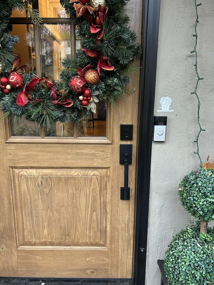 Front door with a smart lock and handleset