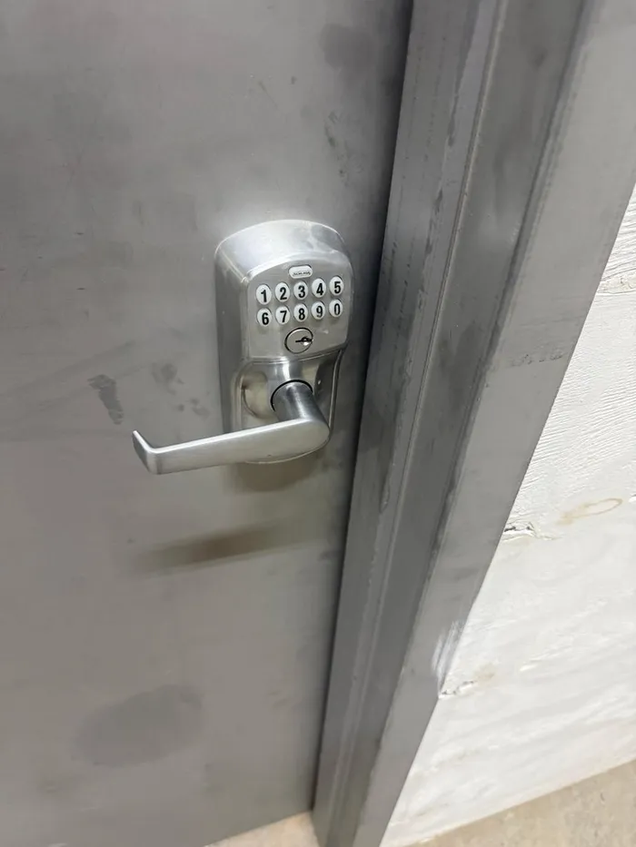 Keypad lever lock on a door