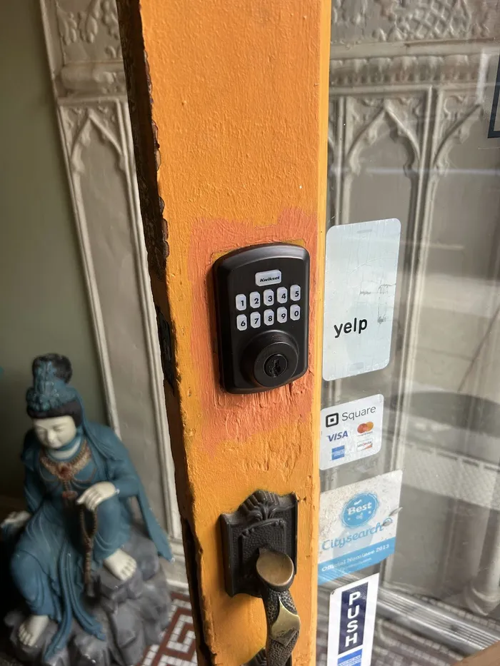 Keypad lock on a storefront door