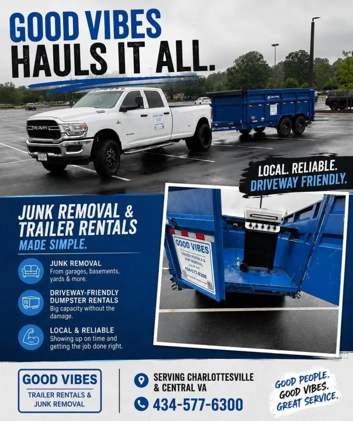 Driveway friendly dumpster rental and junk removal service in Charlottesville