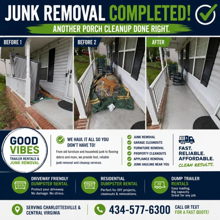 Before and after junk removal cleanout completed by Good Vibes