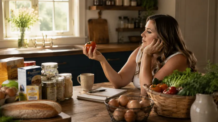 A woman at a kitchen table holding a store-bought tomato