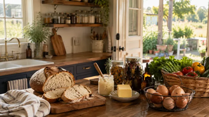 A farmhouse kitchen counter with bread, butter, eggs, and vegetables