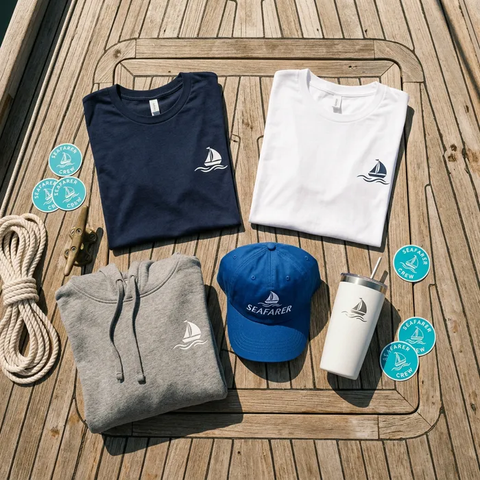 Concept mockup of sailing-themed apparel and accessories