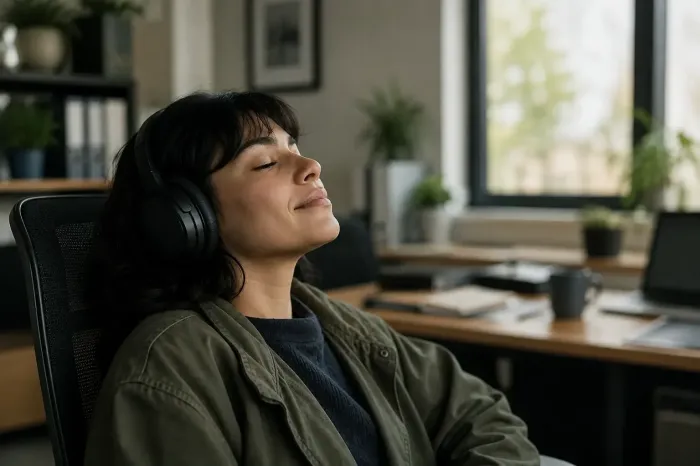 Business owner relaxing with headphones at her desk