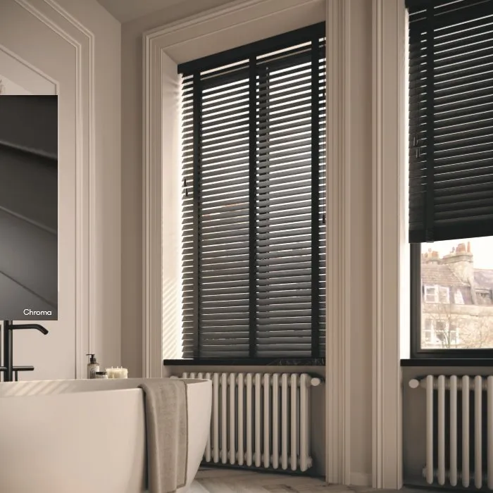 Black faux wood venetian blinds in a bathroom, Eclipse SBC serving Tuxford