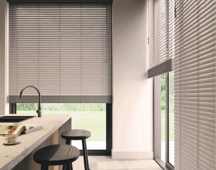 Grey wood grain faux wood venetian blinds in a kitchen, Eclipse SBC serving Collingham