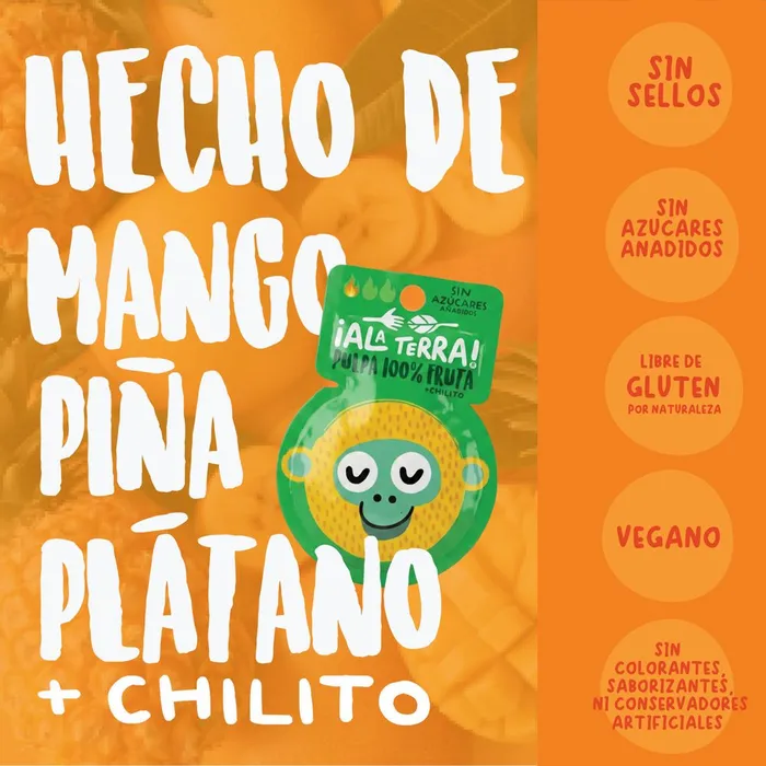 Pulpa ¡Ala Terra! hecha de mango, piña y plátano con chilito
