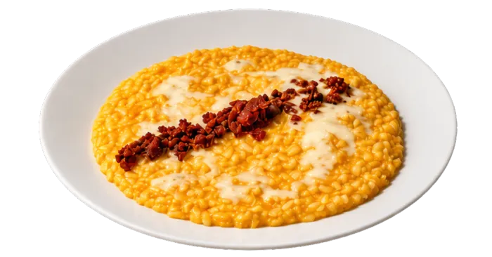 Risotto con zucca mantovana, crema di zola e polvere di pancetta croccante