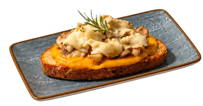 Bruschettone di pane con champignon, taleggio e crema di zucca
