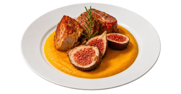 Filetto di maiale a bassa temperatura con vellutata di zucca e fichi freschi