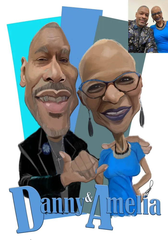 Custom couple caricature of Danny and Amelia by The Ink Dr.