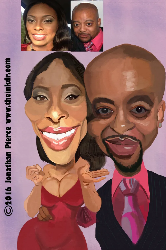 Custom couple caricature of Antonio and his wife by The Ink Dr.