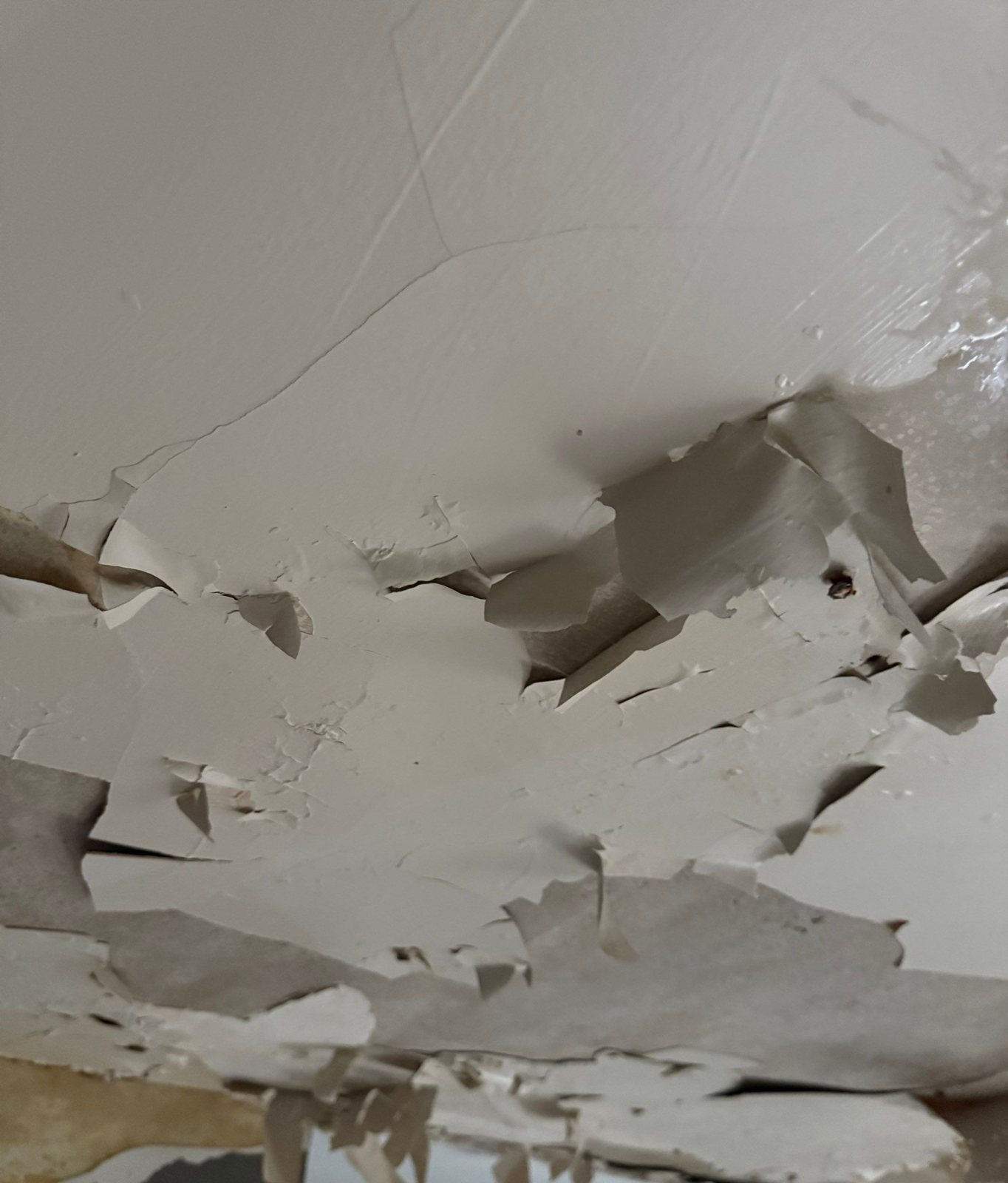 Plaster ceiling with peeling, water-damaged finish