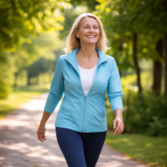 A smiling woman walking along a woodland path