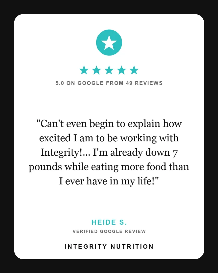 Verified five star Google review for Integrity Nutrition Coaching