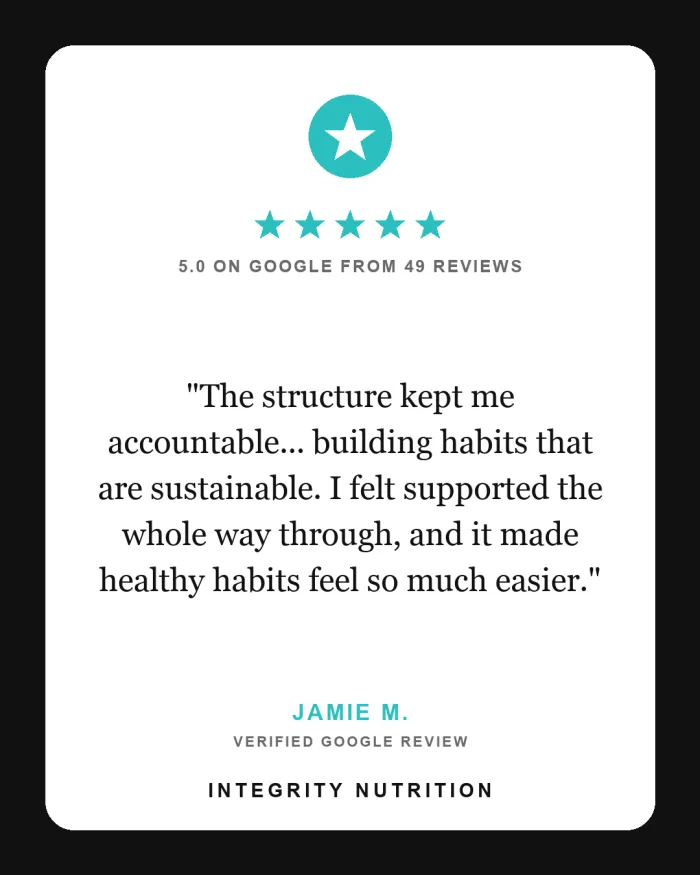 Verified five star Google review for Integrity Nutrition Coaching