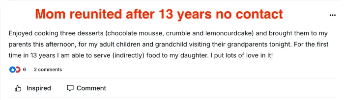 Post titled Mom reunited after 13 years no contact, describing cooking desserts for her adult children and grandchild