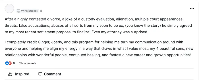 A parent describes their ex agreeing to the settlement and credits the program for turning their communication around