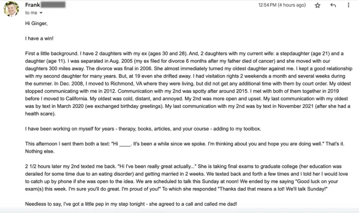 Messages received from Frank's two adult sons after years of no contact